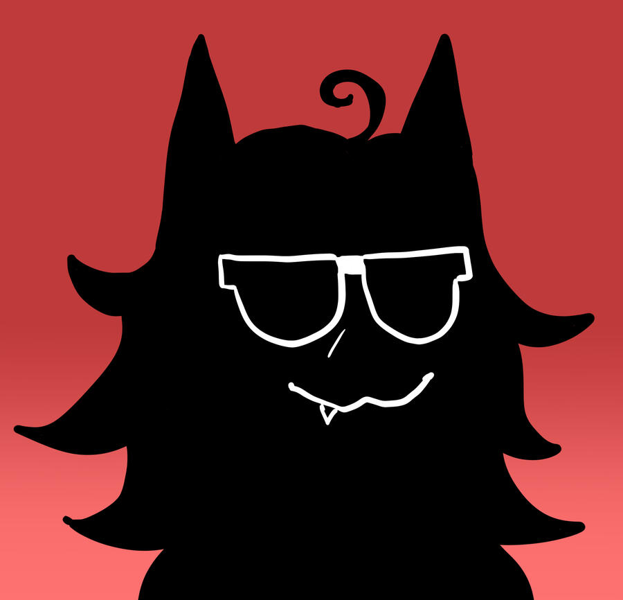 a digital drawing of a sillhouette of a person with glasses and horns. the background is a gradient red.